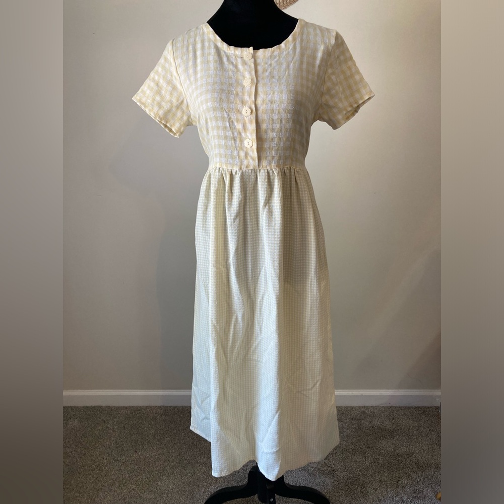 Vintage 90's Seersucker White Yellow Button Up Midi Cottage Core Dress Petite